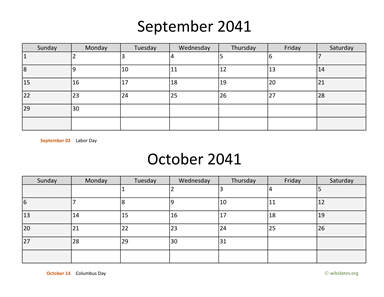 September and October 2041 Calendar Horizontal