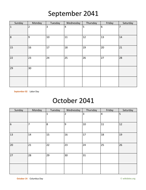 September and October 2041 Calendar Vertical