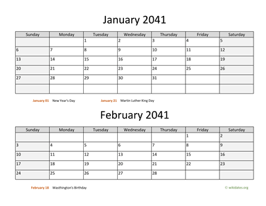 Two Months 2041 Calendar Horizontal