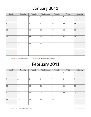 Two Months 2041 Calendar Vertical