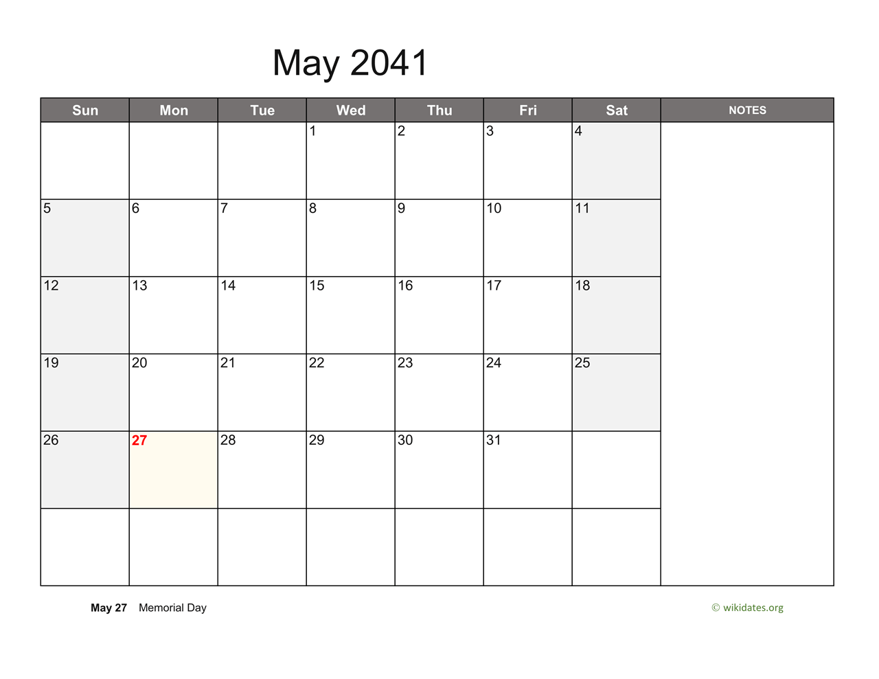 May 2041 Calendar with Notes
