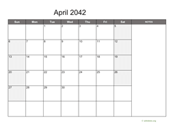 April 2042 Calendar with Notes