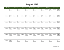 August 2042 Calendar with Day Numbers