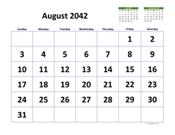 August 2042 Calendar with Extra-large Dates