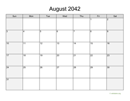 August 2042 Calendar with Weekend Shaded