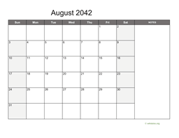 August 2042 Calendar with Notes