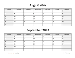 August and September 2042 Calendar