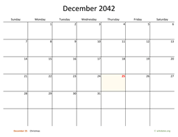 December 2042 Calendar with Bigger boxes