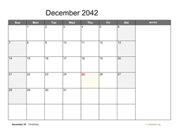 December 2042 Calendar with Notes