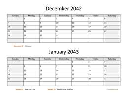 December 2042 and January 2043 Calendar