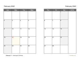February 2042 Calendar on two pages