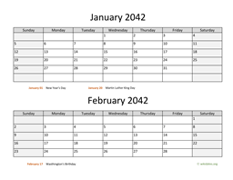 January and February 2042 Calendar