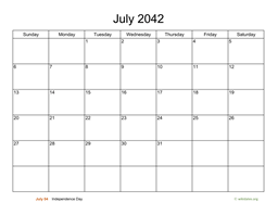 Basic Calendar for July 2042