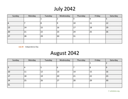 July and August 2042 Calendar