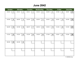 June 2042 Calendar with Day Numbers