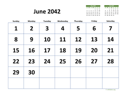 June 2042 Calendar with Extra-large Dates