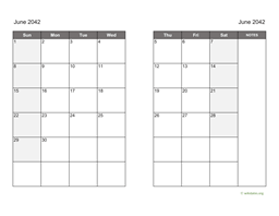 June 2042 Calendar on two pages