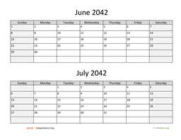 June and July 2042 Calendar