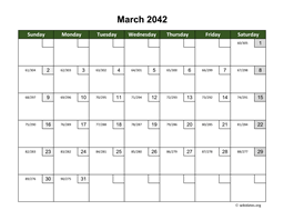 March 2042 Calendar with Day Numbers