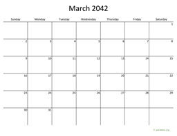 March 2042 Calendar with Bigger boxes