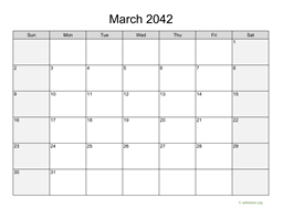 March 2042 Calendar with Weekend Shaded