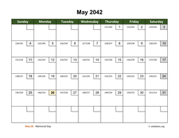 May 2042 Calendar with Day Numbers