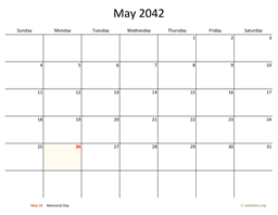 May 2042 Calendar with Bigger boxes
