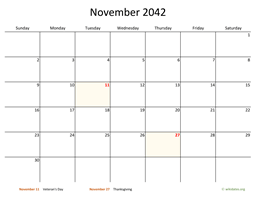 November 2042 Calendar with Bigger boxes