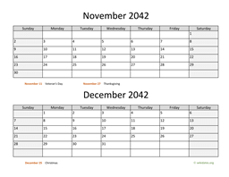 November and December 2042 Calendar