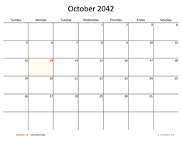 October 2042 Calendar with Bigger boxes