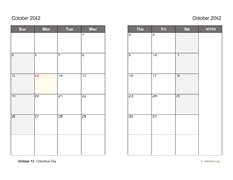 October 2042 Calendar on two pages