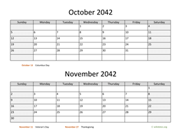 October and November 2042 Calendar