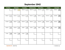 September 2042 Calendar with Day Numbers