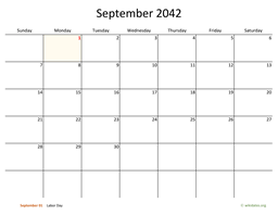 September 2042 Calendar with Bigger boxes
