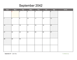 September 2042 Calendar with Notes