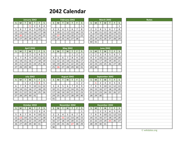 Yearly Printable 2042 Calendar with Notes