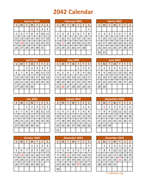 Full Year 2042 Calendar on one page