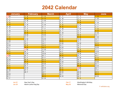 2042 Calendar on 2 Pages, Landscape Orientation