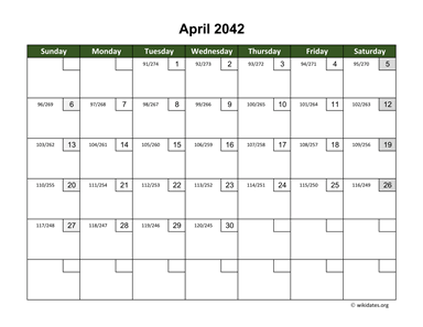 April 2042 Calendar with Day Numbers