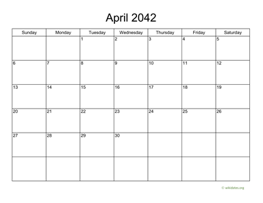 Basic Calendar for April 2042