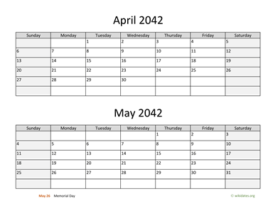 April and May 2042 Calendar Horizontal