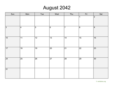 August 2042 Calendar with Weekend Shaded