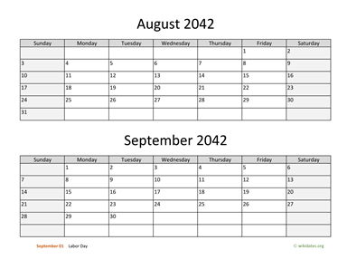 August and September 2042 Calendar Horizontal