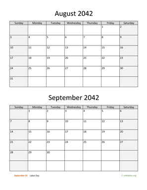 August and September 2042 Calendar Vertical