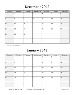 December 2042 and January 2043 Calendar Vertical