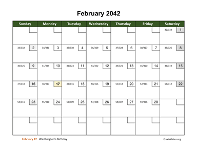 February 2042 Calendar with Day Numbers