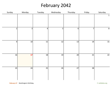 February 2042 Calendar with Bigger boxes