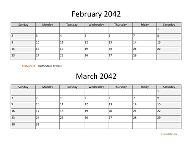 February and March 2042 Calendar Horizontal