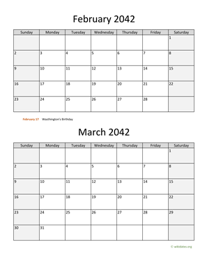 February and March 2042 Calendar Vertical