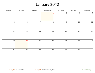 January 2042 Calendar with Bigger boxes | WikiDates.org